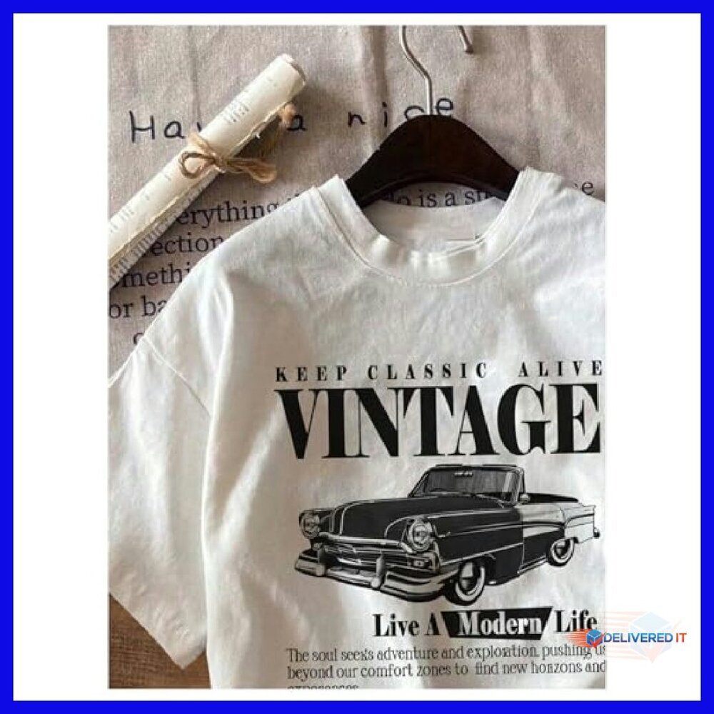 Women's Graphic Letter Tee Crew Neck Drop Shoulder Vintage Car Print Top - Picture 4 of 6